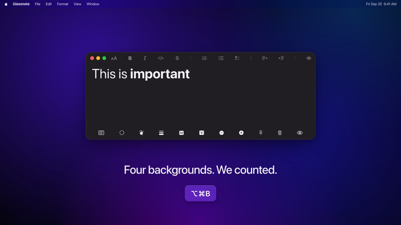 A Glassnote note on a dark purple desktop above the caption: Four backgrounds. We counted.