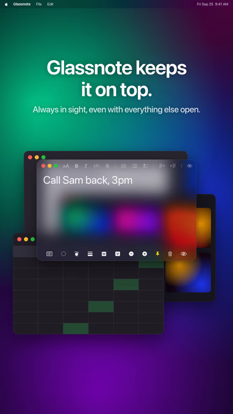 A Glassnote note pinned above other windows under the words: Glassnote keeps it on top.