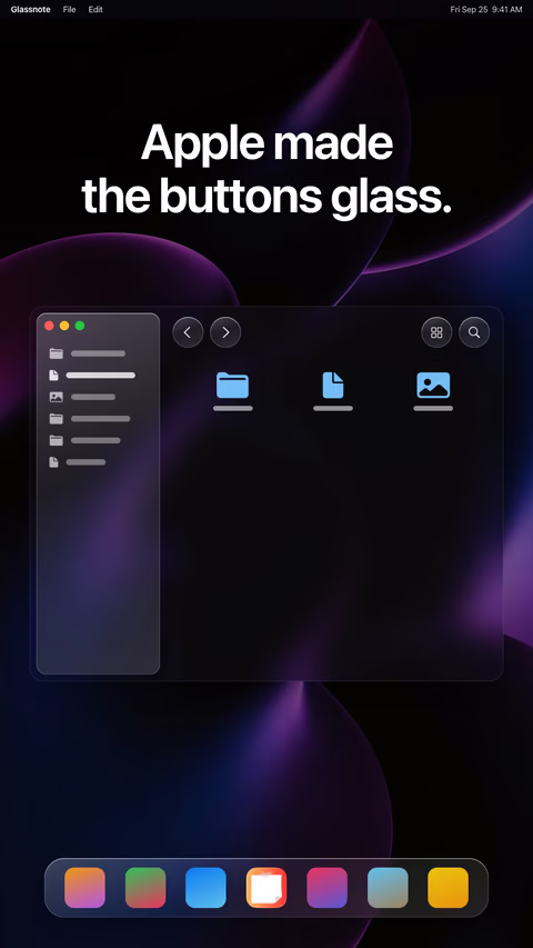 A dark glass window and Dock under the words: Apple made the buttons glass.