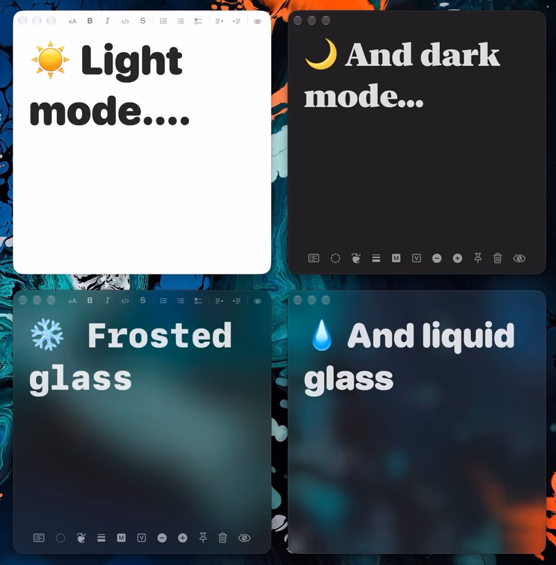 Four Glassnote notes over a colorful wallpaper: Light, Dark, frosted glass and Liquid Glass