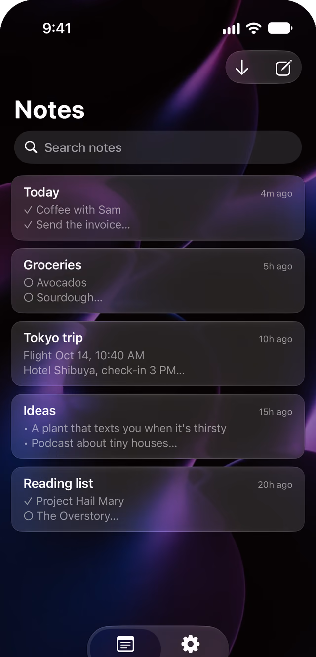 The Glassnote notes list with a search field and five notes: Today, Groceries, Tokyo trip, Ideas and Reading list, each with a preview and how long ago it changed.