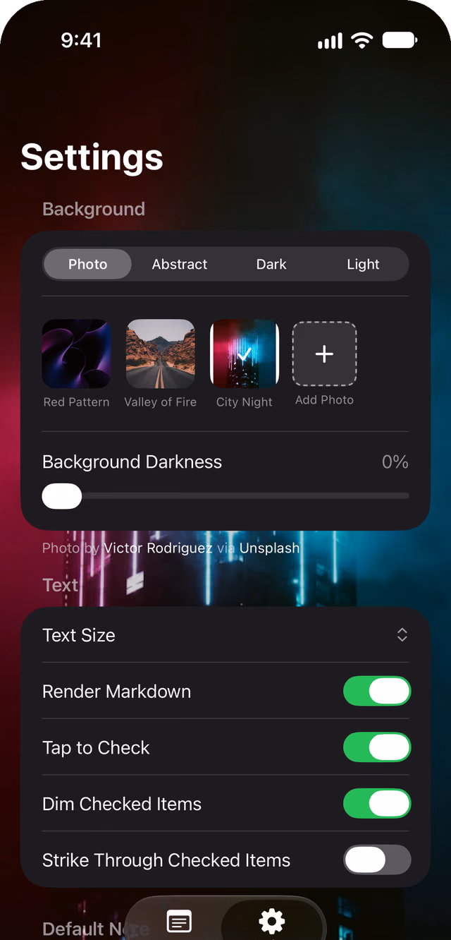 Glassnote Settings. Background options Photo, Abstract, Dark and Light, a row of photo backgrounds with an Add Photo button, a Background Darkness slider, and switches for Render Markdown, Tap to Check, Dim Checked Items and Strike Through Checked Items.