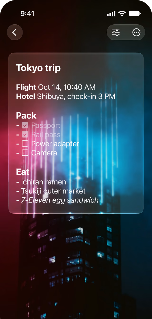 A Glassnote note called Tokyo trip over a neon city photo. Bold labels for the flight and hotel, a Pack heading with a checklist, and an Eat heading with a list.