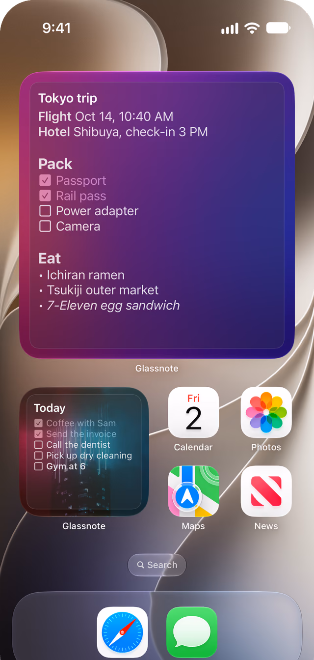 An iPhone Home Screen with two Glassnote widgets. A large purple glass widget shows a whole Tokyo trip note: flight time, hotel, a packing checklist and places to eat. A small widget shows a Today checklist.