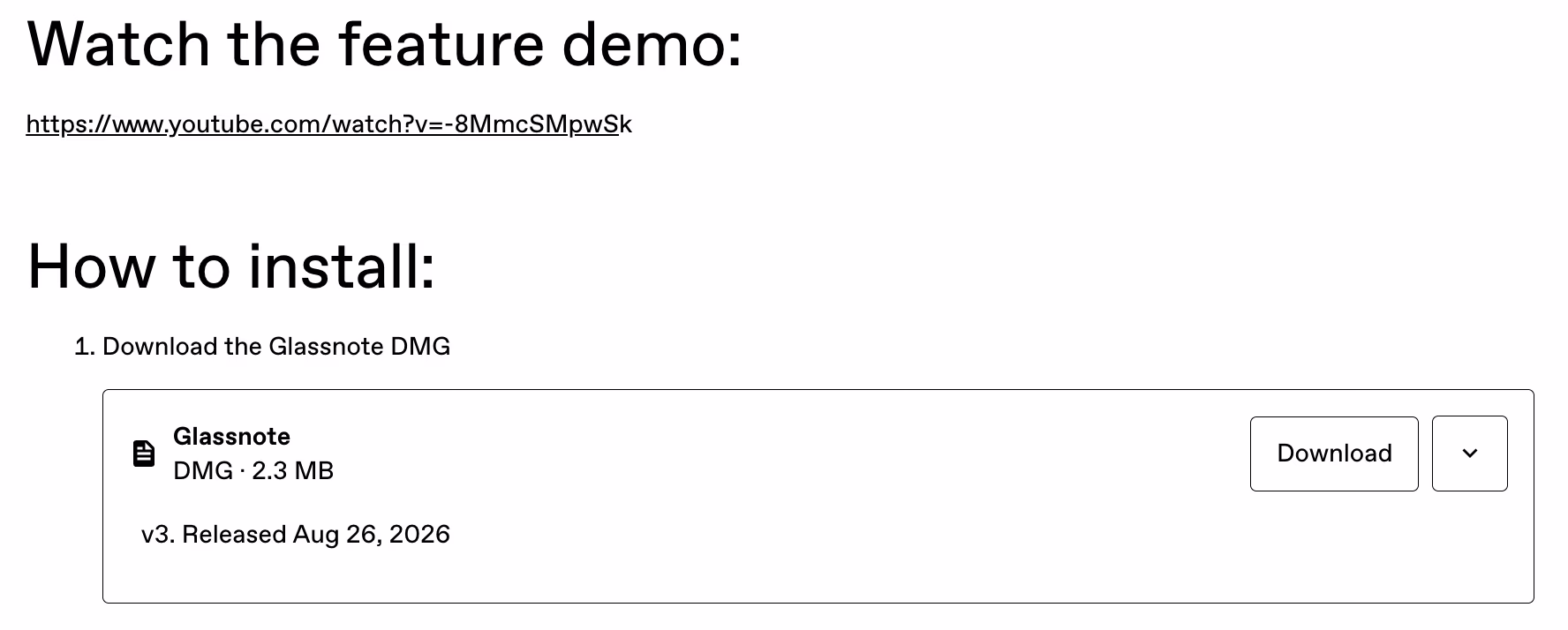 The Gumroad content page showing the demo video link and a Download button on the Glassnote DMG file
