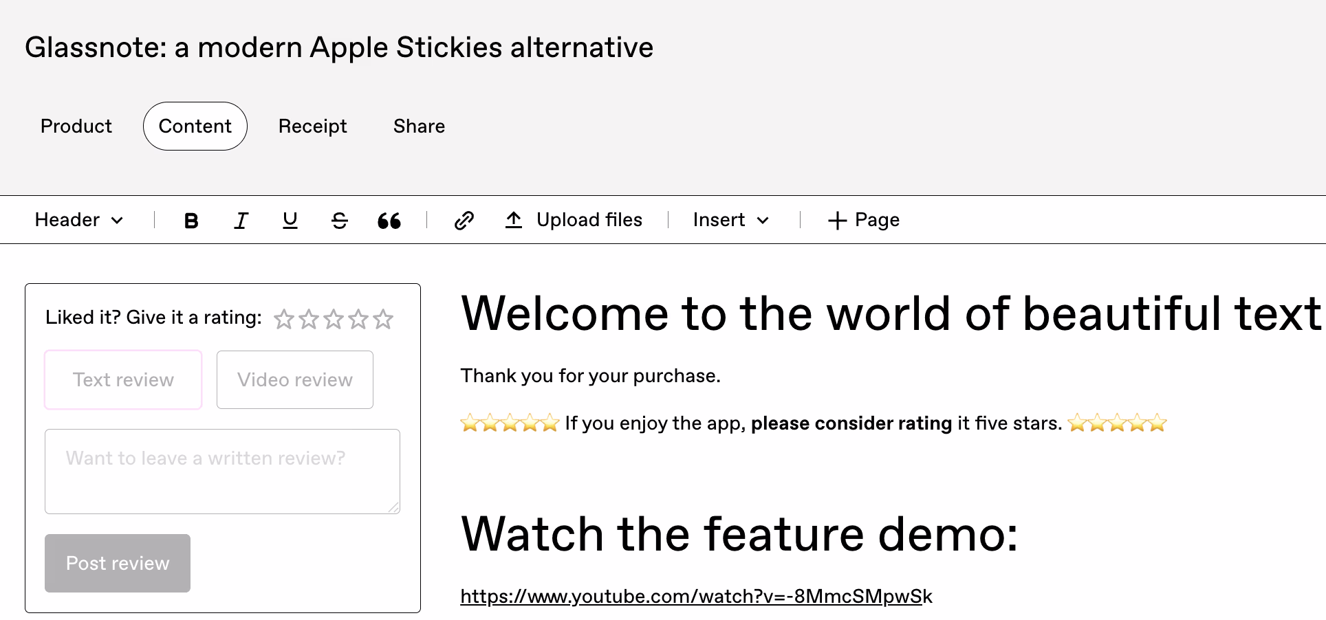 The rating widget on the Gumroad content page, next to the full video walkthrough link