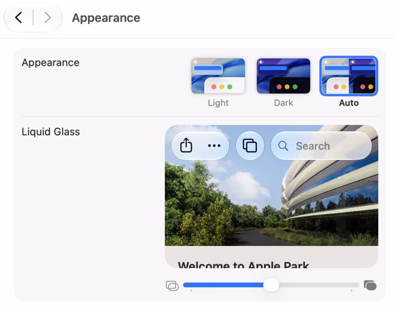 The Appearance pane in macOS 27 System Settings, with a Liquid Glass preview and a slider under it