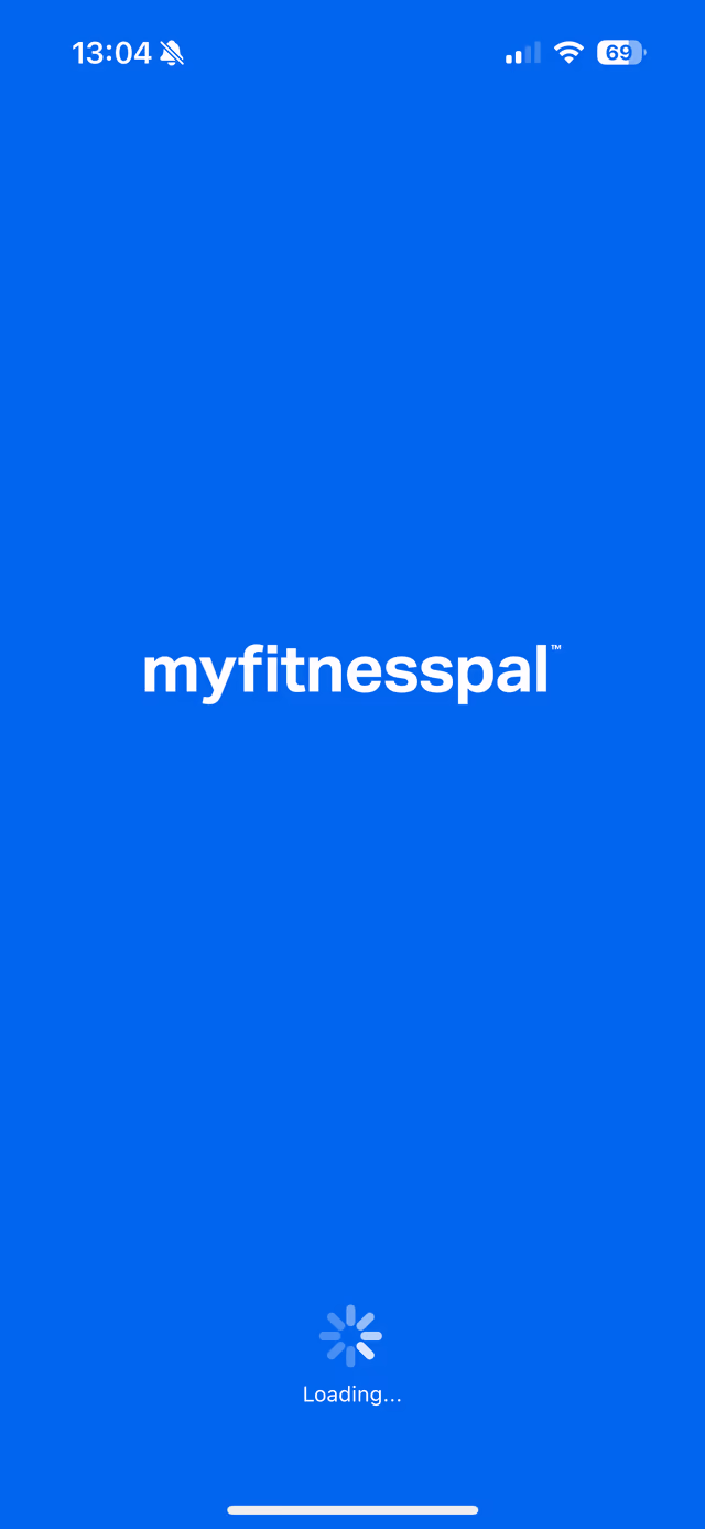MyFitnessPal on cold launch: a full-screen blue splash with the myfitnesspal logo centred and a spinner labelled "Loading..." near the bottom.