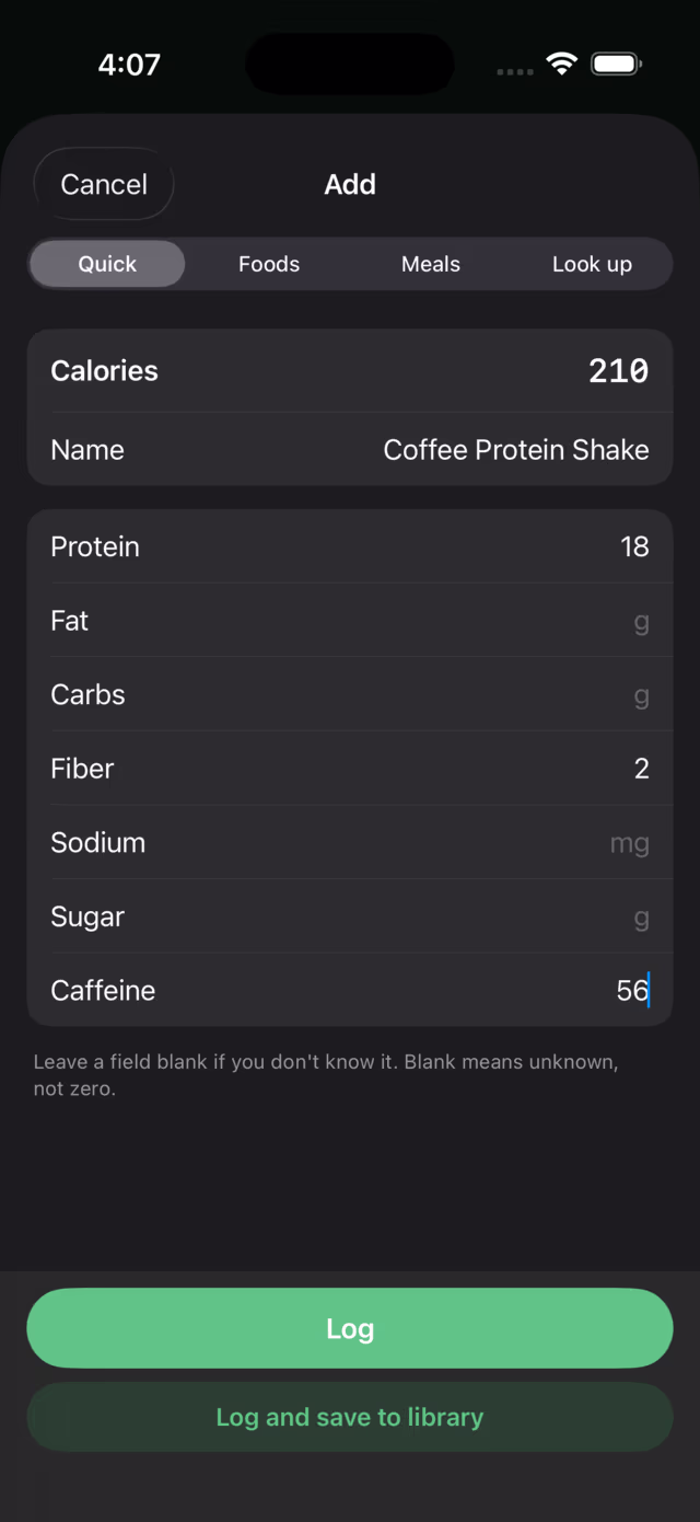 Tallix's Quick add screen in dark appearance with Show all macros expanded: Calories 210, Name Coffee Protein Shake, then Protein 18, Fat blank, Carbs blank, Fiber 2, Sodium blank, Sugar blank and Caffeine 56. All seven macro fields are editable and none is locked.