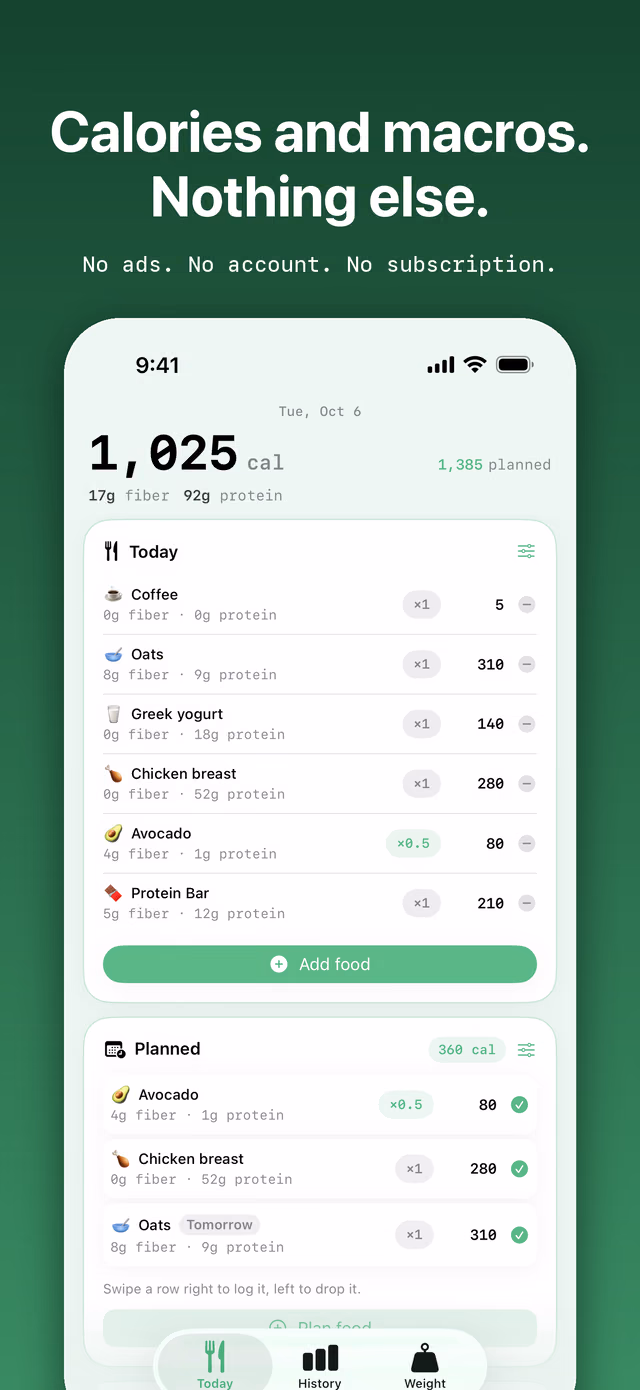Tallix App Store screenshot headed Calories and macros. Nothing else. No ads. No account. No subscription. Below, the Today screen at 1,025 calories.