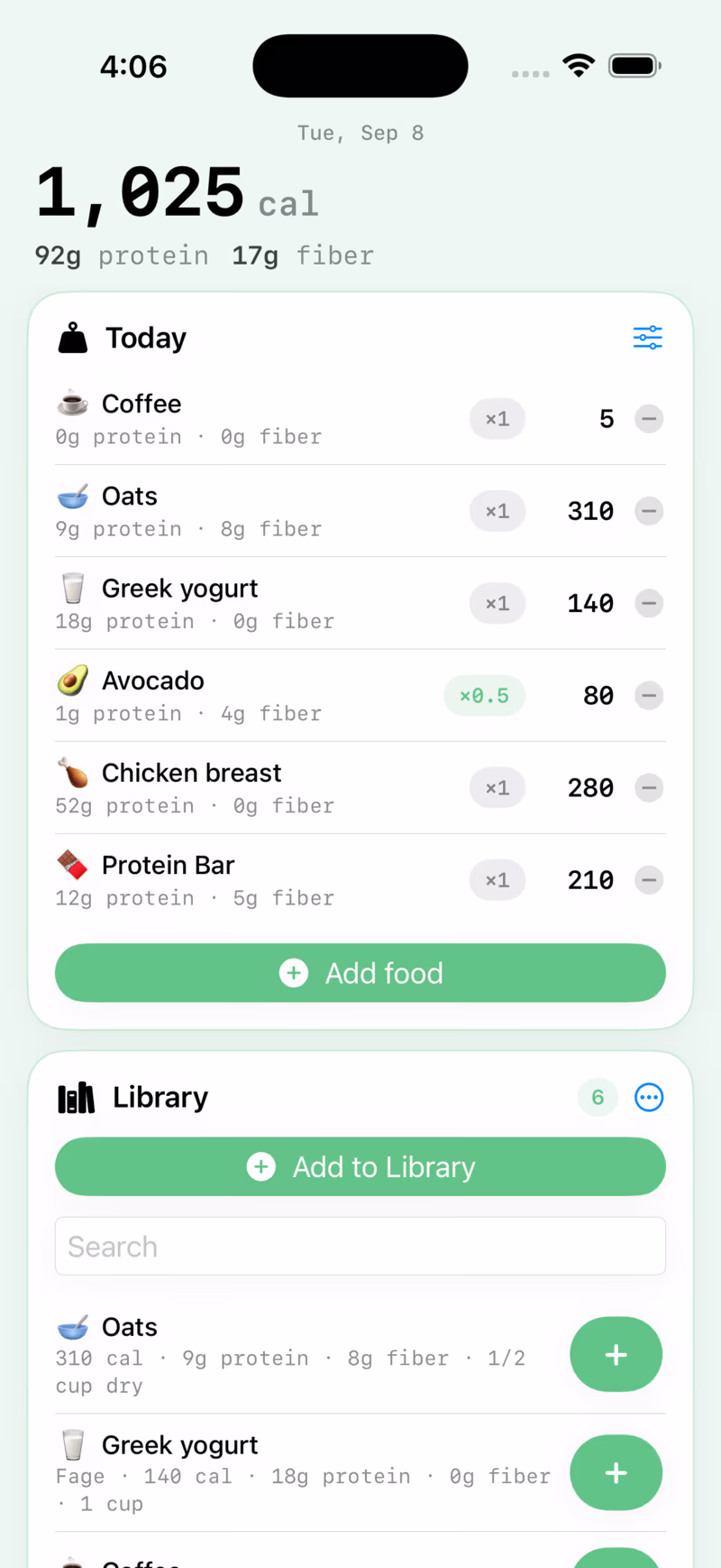 Tallix showing today's calories, protein and fiber