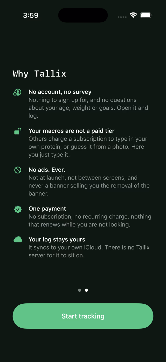 The same Tallix onboarding screen in dark appearance, with the same five promises and Start tracking button.