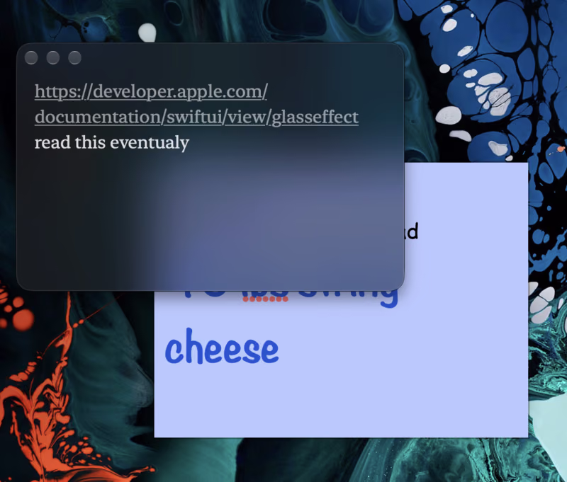 The same note in Glassnote over the same Stickies note. The note behind is blurred and the Glassnote text is easy to read.