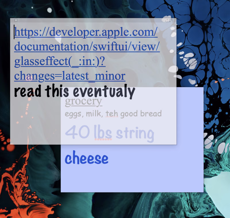 A translucent Apple Stickies note with a link and the words read this eventually. A grocery list from the note behind it shows through and overlaps the text.